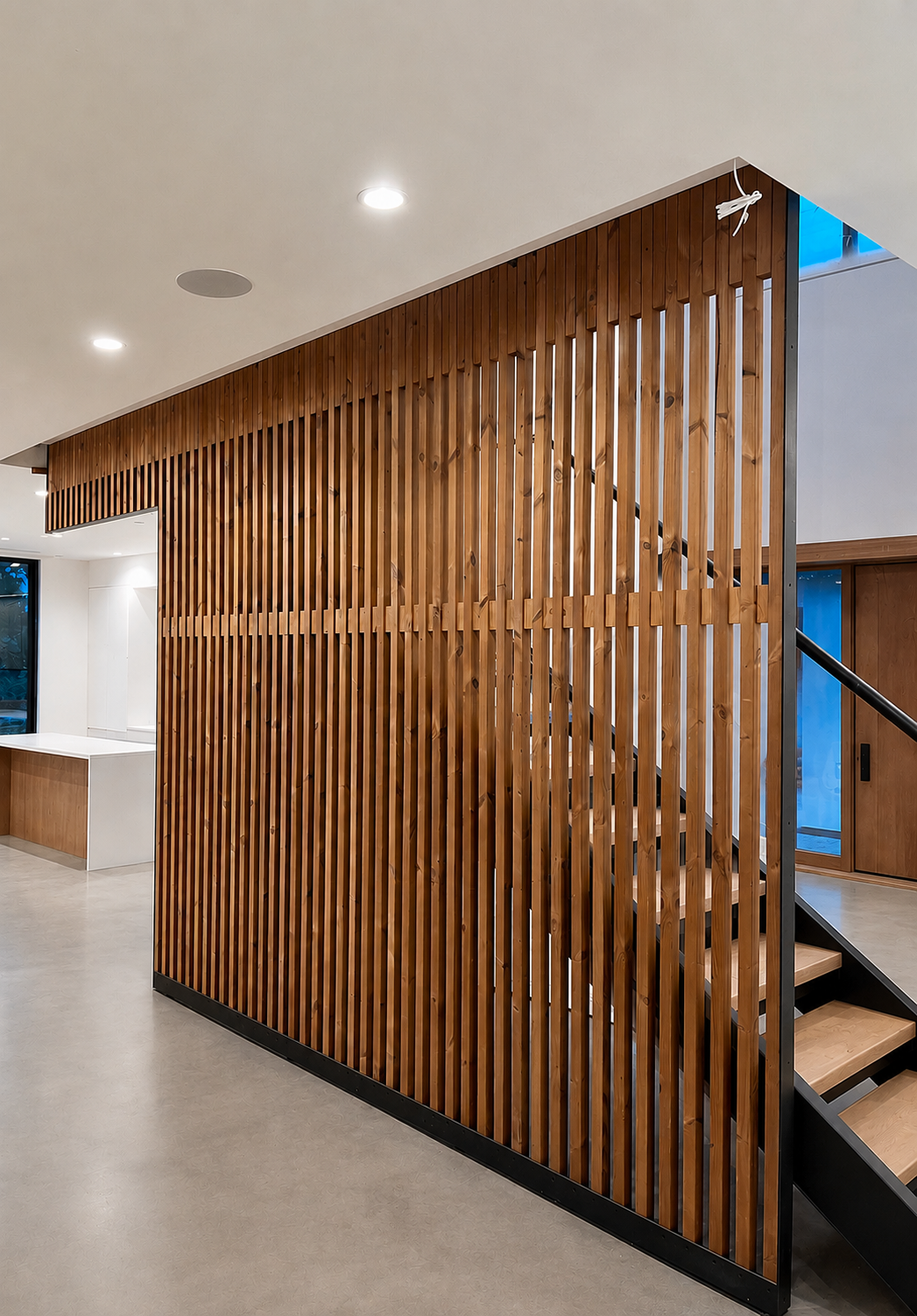 Modern white oak vertical slat feature wall with black steel base and staircase detail