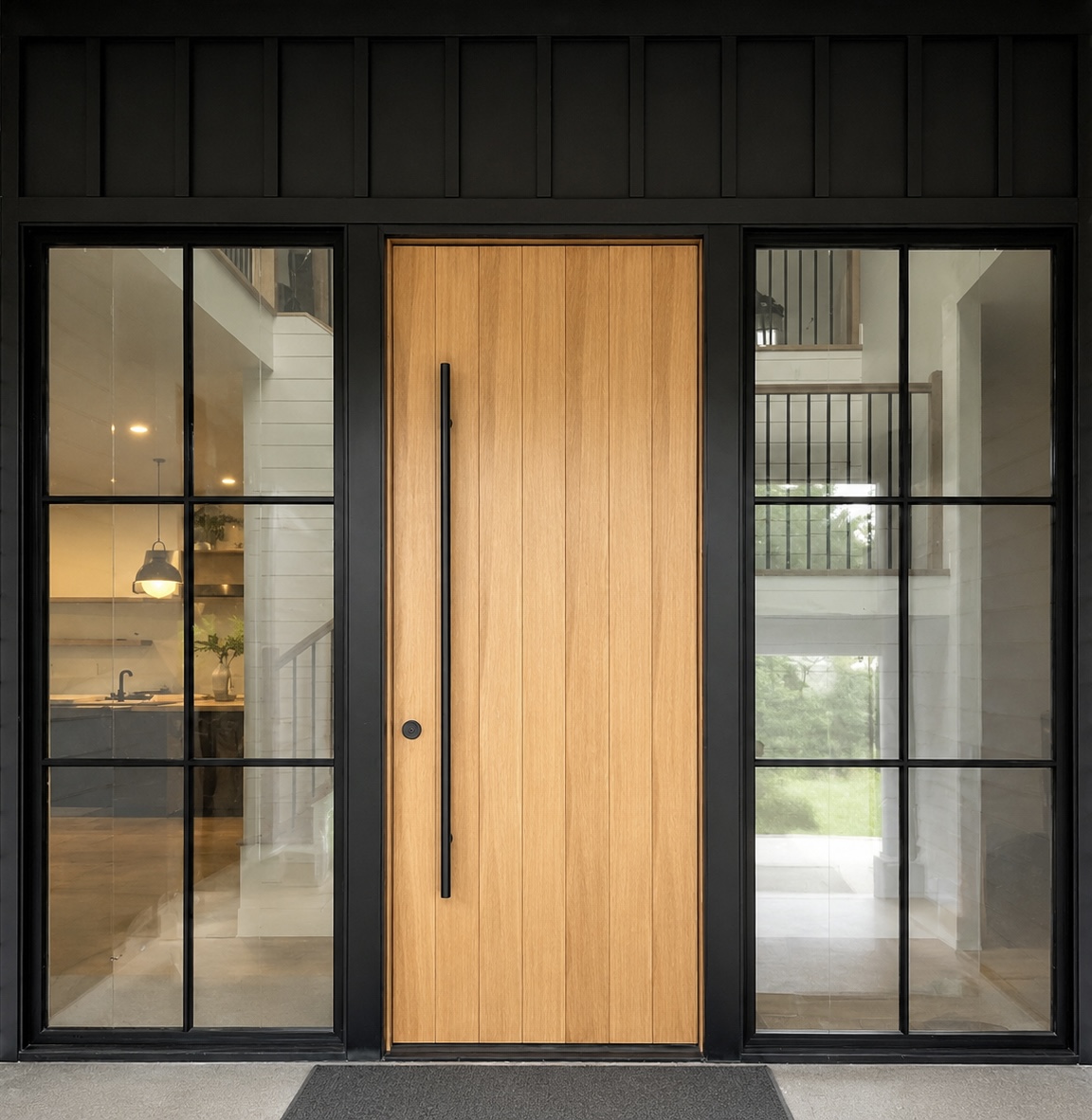 Modern white oak entry door with black frame and sidelights