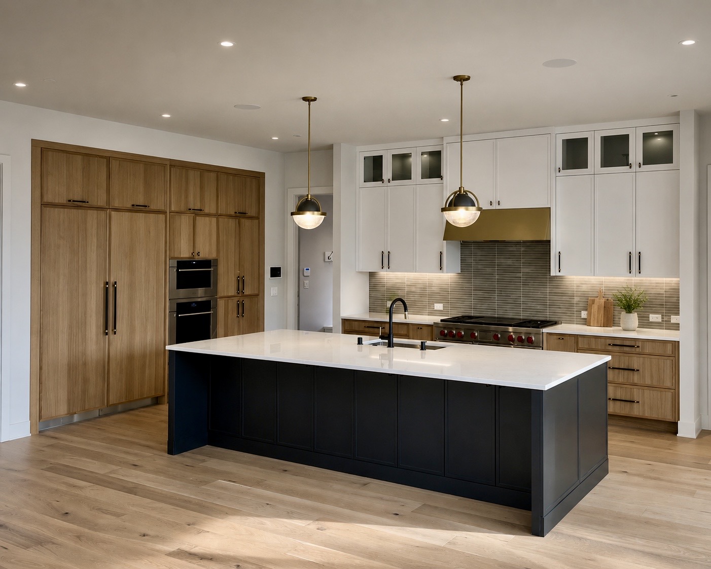 Premium kitchen cabinet installation with white oak and marble island